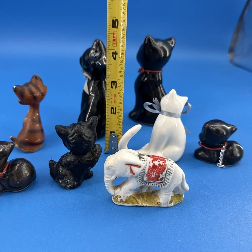 Vtg 7 Mini cat figurine 1 Elephant Porcelain Japan mid century kitty Cat